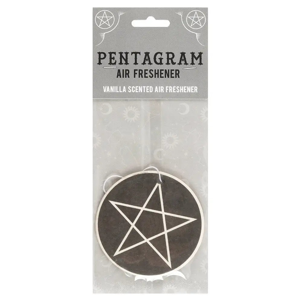 Assorted witchy-themed car air fresheners featuring mystical symbols and enchanting designs, displayed in a car setting.