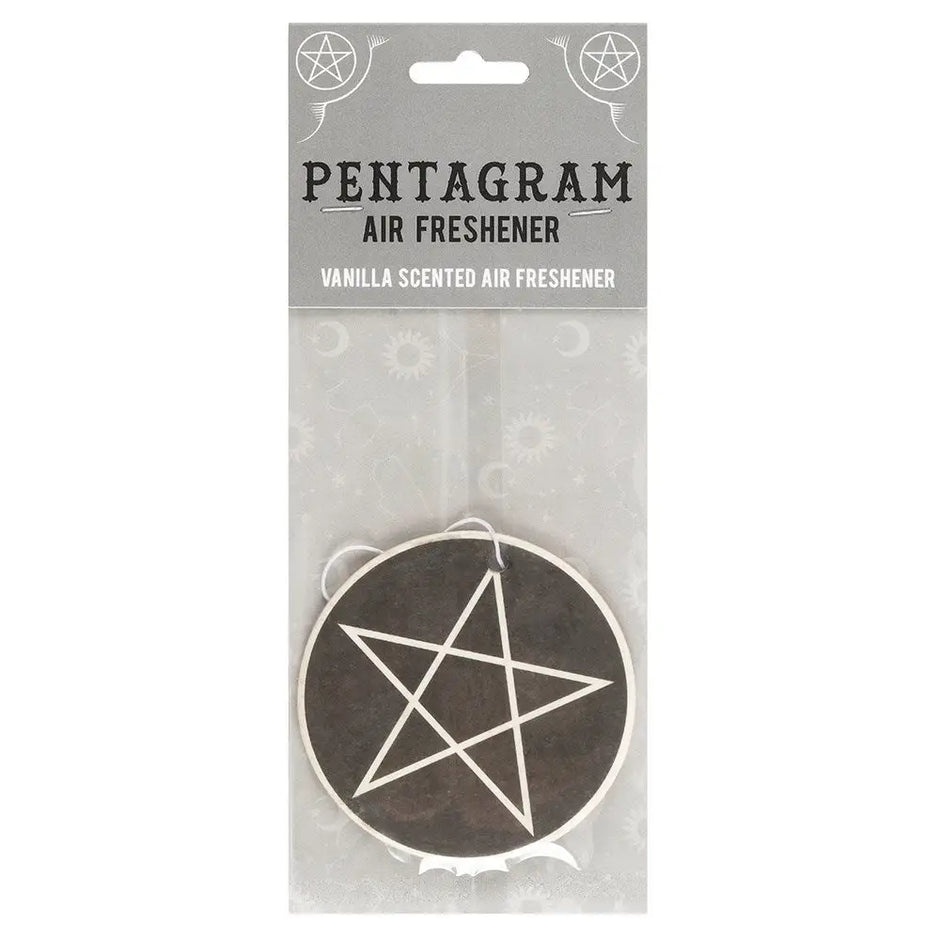 Assorted witchy-themed car air fresheners featuring mystical symbols and enchanting designs, displayed in a car setting.